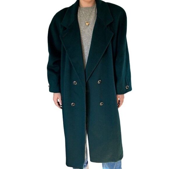 Vintage Ann Milstein Emerald Green Wool Exaggerated Shoulders Trench Coat Sz XL - Picture 11 of 12